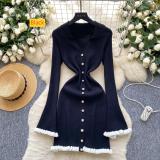 Knitted fungus edge lapel mid length dress