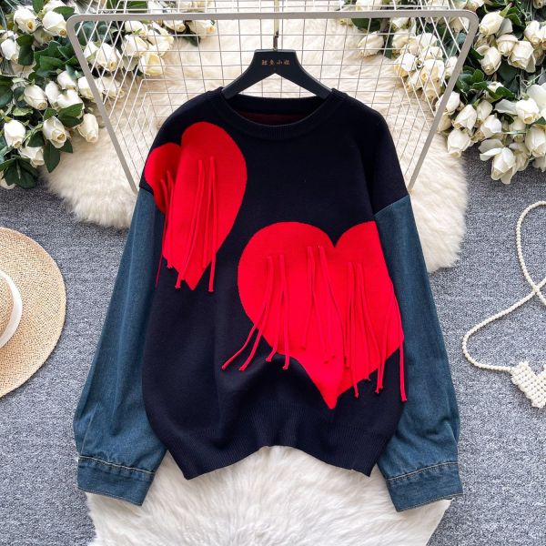 Tassel Love Printed Knitted Splicing Cowboy Long Sleeve Top