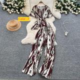 Cross waist round neck short sleeved printed top, high waist wide leg pants