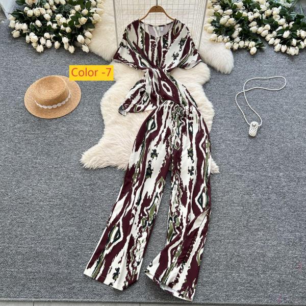 Cross waist round neck short sleeved printed top, high waist wide leg pants