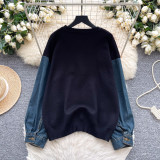 Tassel Love Printed Knitted Splicing Cowboy Long Sleeve Top