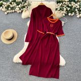 Belt, short sleeved long skirt, long sleeved jacket, knitted two-piece set