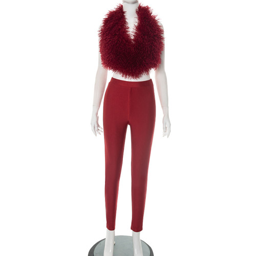 Hairy neck hanging, big backless strap, tight pants two-piece set