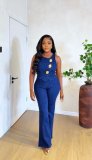 Metal buckle round neck sleeveless vest+high waist wide leg pants denim suit
