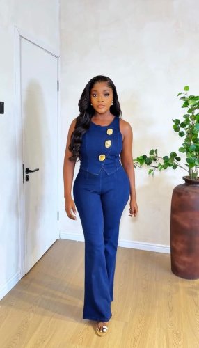 Metal buckle round neck sleeveless vest+high waist wide leg pants denim suit