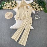 Zipper hooded knitted jacket+embroidered vest+high waisted pleated wide leg pants three piece set