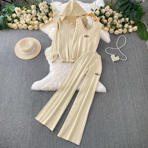 Zipper hooded knitted jacket+embroidered vest+high waisted pleated wide leg pants three piece set