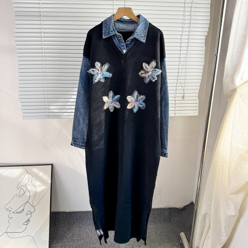 Cowboy patchwork knitted fake two-piece lapel dress