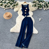 Metal buckle round neck sleeveless vest+high waist wide leg pants denim suit