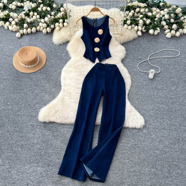 Metal buckle round neck sleeveless vest+high waist wide leg pants denim suit