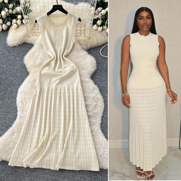 Nail bead round neck sleeveless knitted vest long skirt