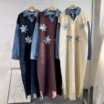 Cowboy patchwork knitted fake two-piece lapel dress Cowboy patchwork knitted fake two-piece lapel dress