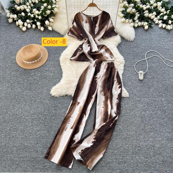 Cross waist round neck short sleeved printed top, high waist wide leg pants