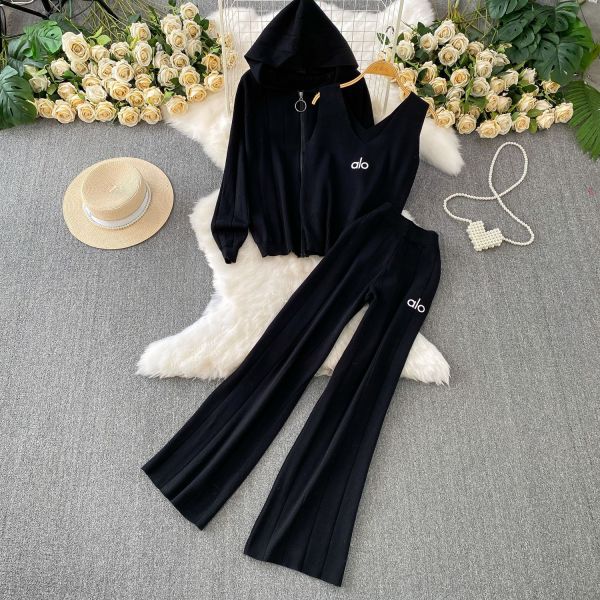Zipper hooded knitted jacket+embroidered vest+high waisted pleated wide leg pants three piece set