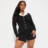 Rose metal button lapel long sleeved tight shorts jumpsuit