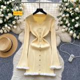 Knitted fungus edge lapel mid length dress