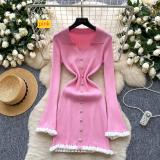 Knitted fungus edge lapel mid length dress