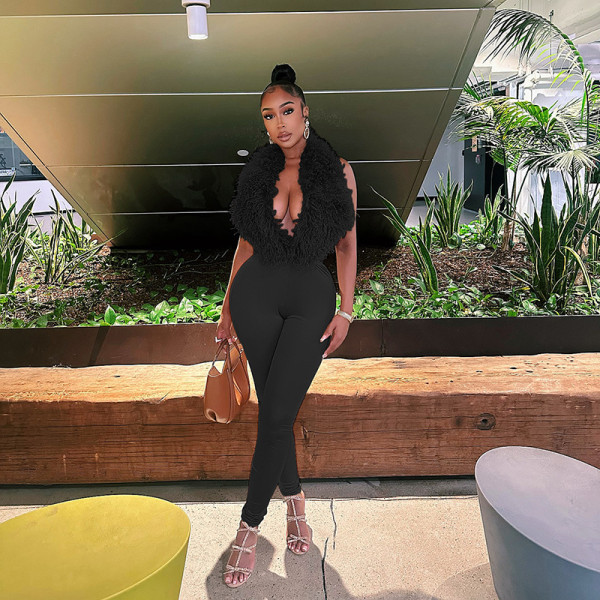 Hairy neck hanging, big backless strap, tight pants two-piece set