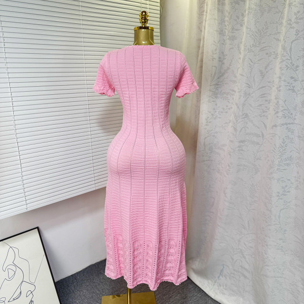 Round neck nail bead hollow short sleeved knitted dress