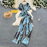 Cross waist round neck short sleeved printed top, high waist wide leg pants