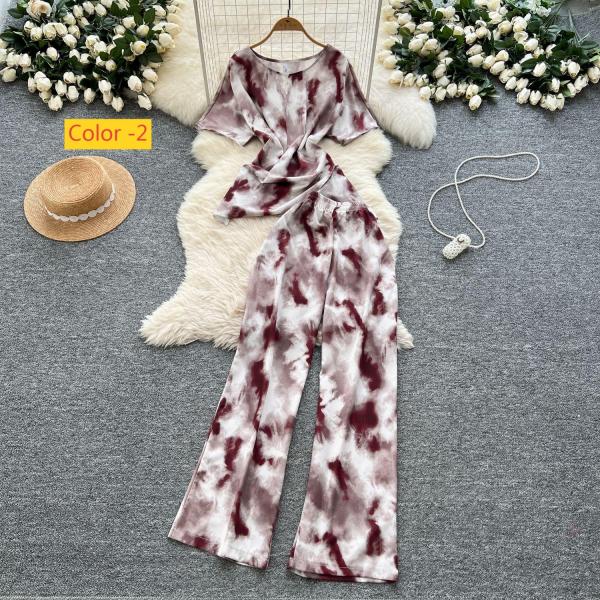 Cross waist round neck short sleeved printed top, high waist wide leg pants