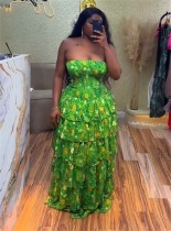 Printed one shoulder strapless waist cinched ruffled cake skirt