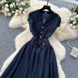 V-neck metal buckle exposed line waist cinched sleeveless denim dress