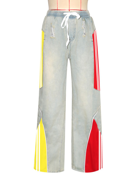 Drawstring high waisted contrasting color splicing gradient straight leg denim pants