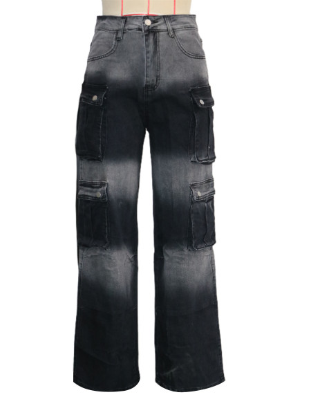 Multi pocket gradient denim wide leg pants