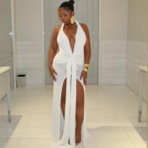 Sleeveless hanging neck tie backless slit long skirt