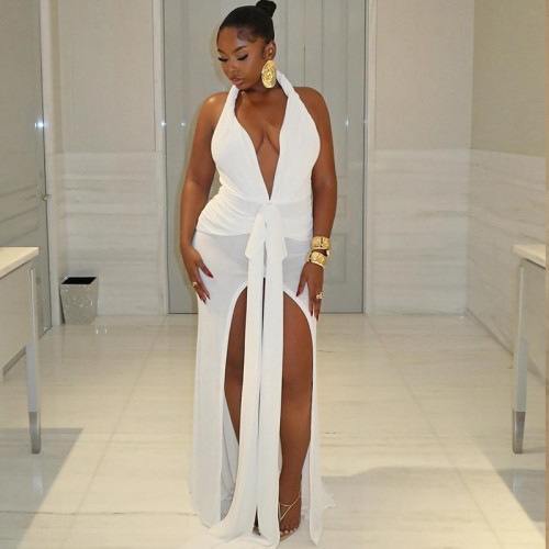 Sleeveless hanging neck tie backless slit long skirt