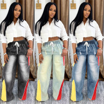 Drawstring high waisted contrasting color splicing gradient straight leg denim pants