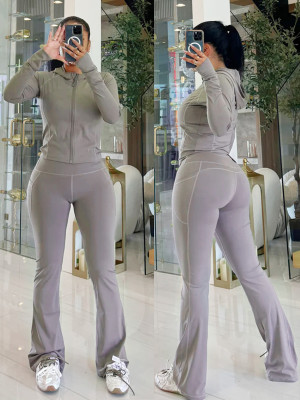 High stretch hooded zipper top, long pants sports suit