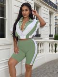 Short sleeved top+high waisted tight shorts contrasting sports suit