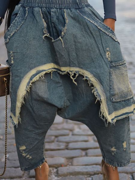 Wear and tear denim pants with holes, loose Harun pants