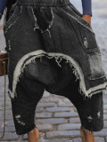 Wear and tear denim pants with holes, loose Harun pants