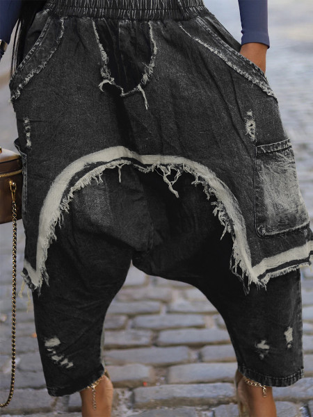 Wear and tear denim pants with holes, loose Harun pants