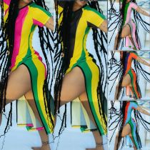 Short sleeved striped color blocked split dress