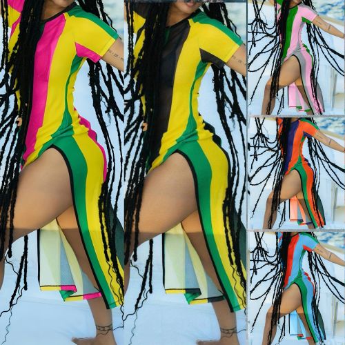 Short sleeved striped color blocked split dress