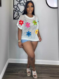 Round neck floral short sleeved top with pullover
