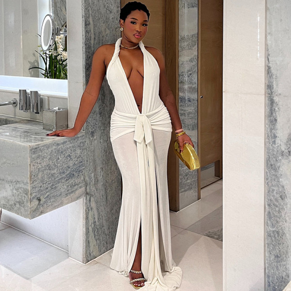 Sleeveless hanging neck tie backless slit long skirt