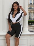 Short sleeved top+high waisted tight shorts contrasting sports suit
