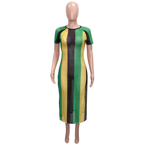 Short sleeved striped color blocked split dress
