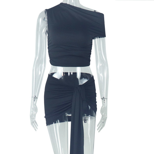 Bare navel lace up solid color skirt set sleeveless round neck two-piece set