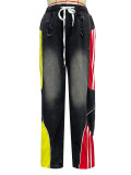 Drawstring high waisted contrasting color splicing gradient straight leg denim pants