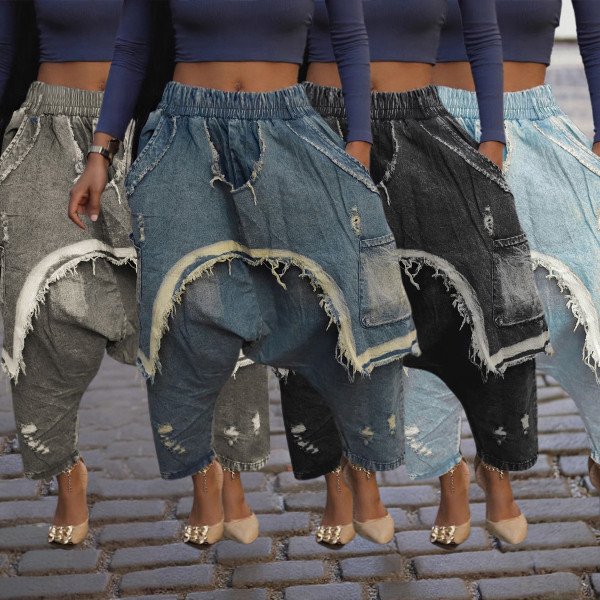 Wear and tear denim pants with holes, loose Harun pants