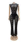 Perspective lace patchwork jumpsuit with micro flared pants set