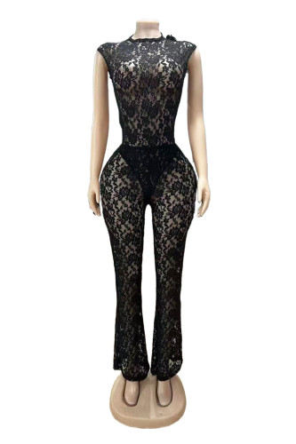 Perspective lace patchwork jumpsuit with micro flared pants set