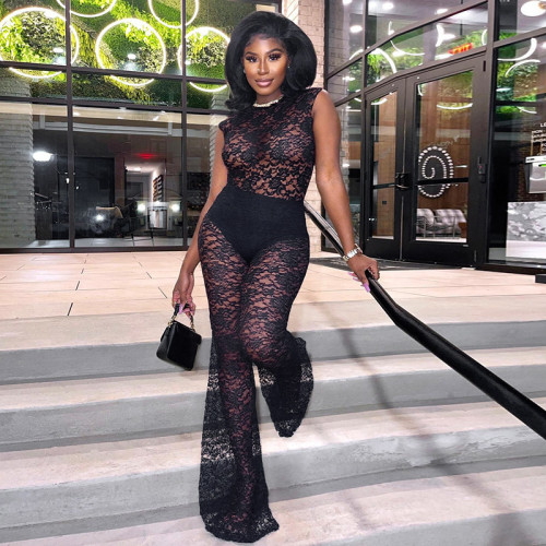 Perspective lace patchwork jumpsuit with micro flared pants set