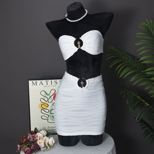 Striped backless navel wrapped chest metal decorative short skirt set